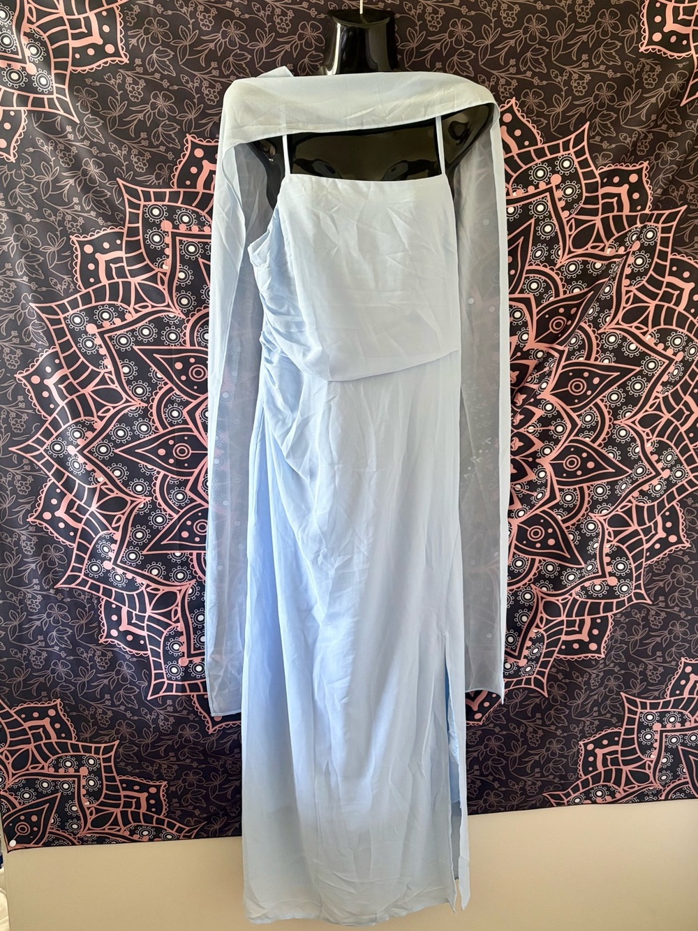 RIHOAS Light Blue Floor-Length Sheer-Overlay Evening Gown